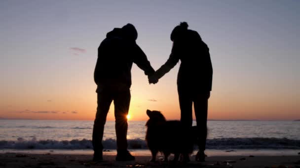 Couple Standing Front Ocean Sunset Dog Joining — ストック動画