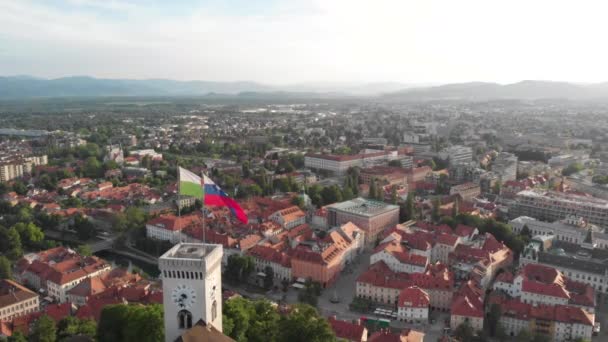 Stady Dron Shot Castle Ljubljana Flag Slovenia City View — 图库视频影像