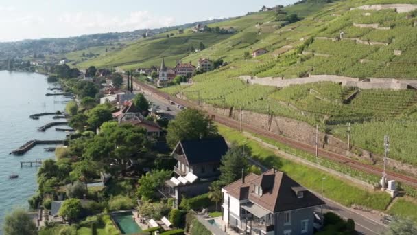 Aerial Beautiful Lakeside Houses Lake Geneva Switzerland — Video