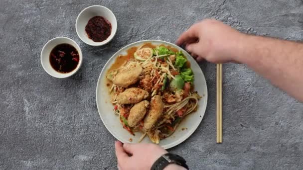 Male Hands Taking Chicken Wings Asian Salad Away Dark Slate — Video Stock