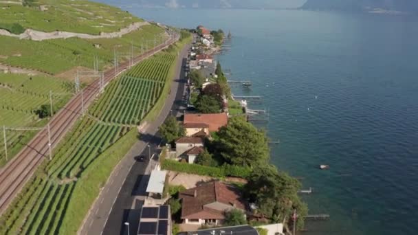 Flying Beautiful Lakeside Houses Tilting Large Beautiful Lake — Video