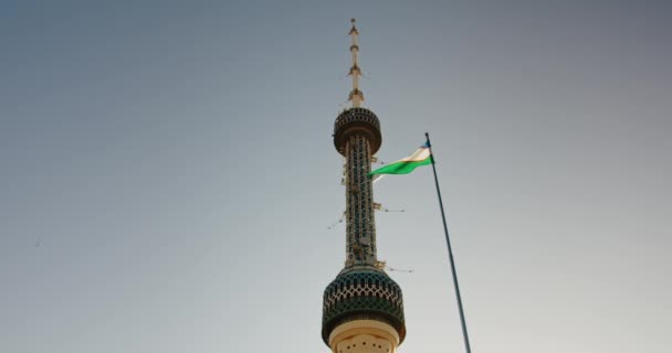 Tower Tashkent Uzbekistan Flag — Stockvideo