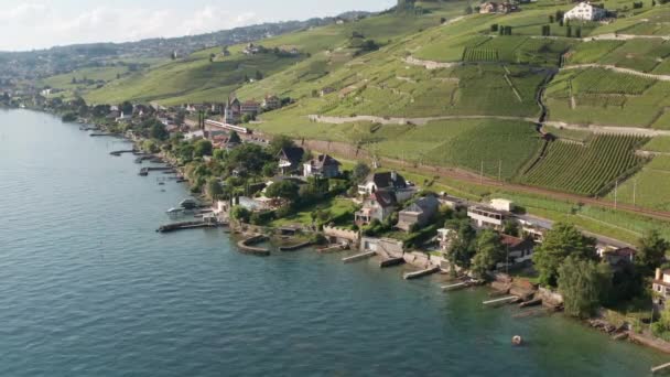 High Angle View Train Driving Beautiful Swiss Landscape — Stockvideo