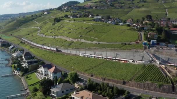 Кінематографічна Антена Поїзда Їде Через Швейцарський Ландшафт Проходить Повз Інший — стокове відео