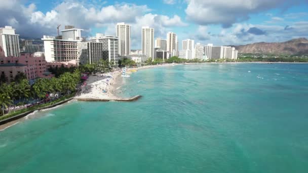 Drone Glides Tropical Beach Revealing Ocean Front Luxury Hotels Families — Stock videók