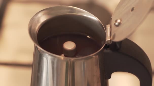 Steam Hot Coffee Stainless Moka Pot Lid Open Close — Vídeos de Stock