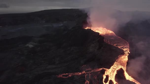 Aerial Drone View Splattering Magma Crater Active Volcano Surface — Vídeos de Stock