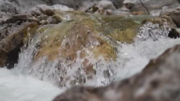 Slow Motion View Water Running Rocks Small Stream Steady Shot — Vídeos de Stock