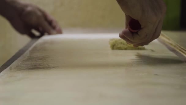 Close Hands Person Applying White Wood Glue Roller Applicator Thin — Stockvideo
