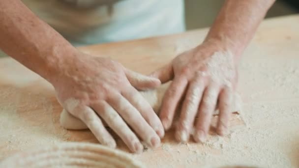 Senior Bakery Chef Preparing Dough Hands French Baguette Man Rolling — Stok video
