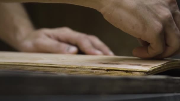 Close View Expert Man Hands Drawing Work Wooden Board Slow — Stok video