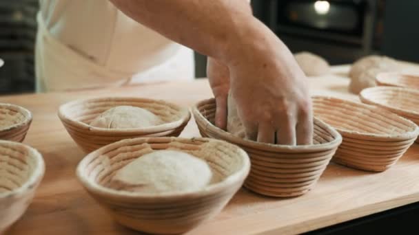 Artisan Baker Putting Fresh Sourdough Wooden Banneton Basket Preparing Sourdough — Stockvideo