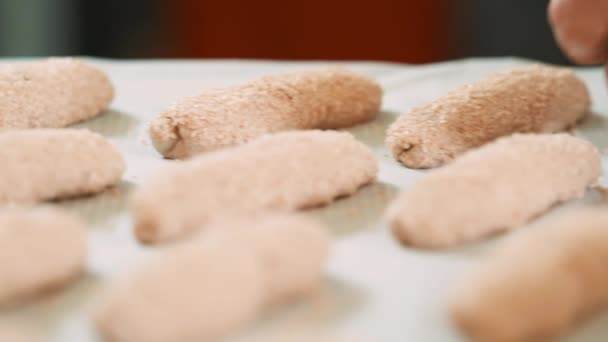 German Sesame Bread Roll Dough Spread Out Baking Sheet Bakery — Stockvideo