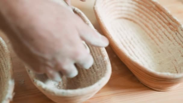 Hands Bakery Chef Putting Sourdough Oval Shaped Banneton Basket Preparing — Stockvideo