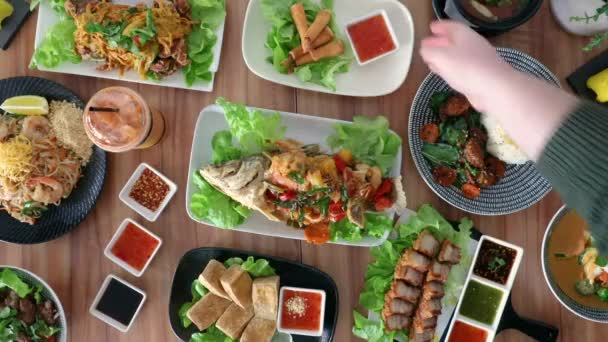 Male Hand Picking Thai Cuisine Spring Roles Flat Lay Food — Vídeo de Stock