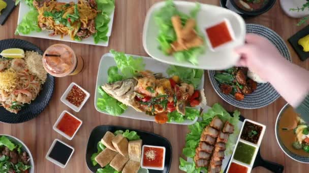 Male Hand Placing Thai Cuisine Spring Roles Flat Lay Food — Vídeo de Stock