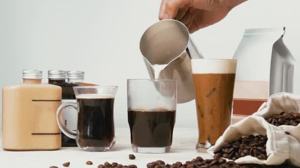 Pouring Fresh Steamed Milk Glass Half Filled Brewed Coffee Milk — Αρχείο Βίντεο
