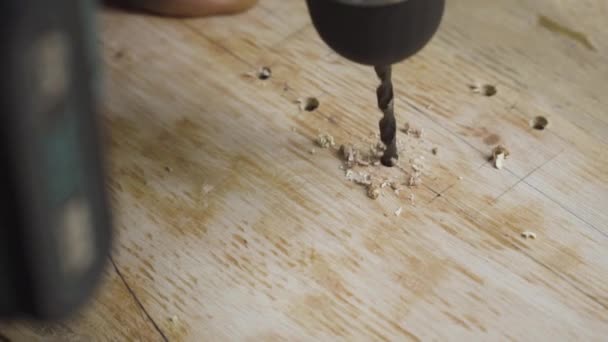 Close Detail Power Drill Bit Drilling Wooden Plank Diy Skateboard — Video