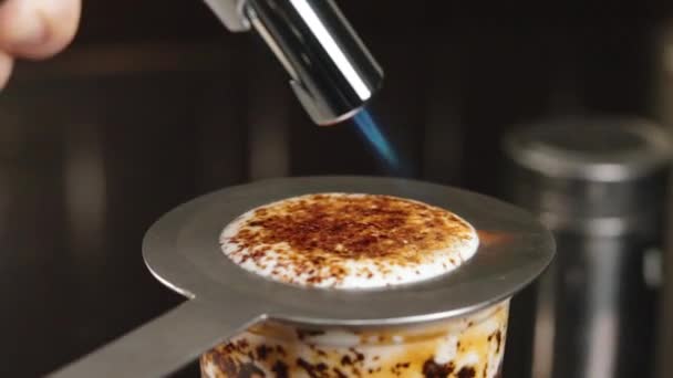 Creme Brulee Milk Tea Drink Blow Torch Burning Brown Sugar — Wideo stockowe