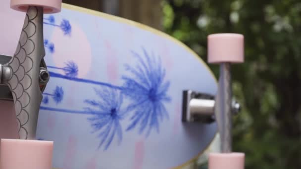 Slider Shot Skateboard Its Side Showing Its Customised Artwork Pink — Stockvideo