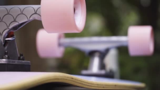 Close Horizontal Pan Pink Skateboard Wheels Mounted Inverted Skateboard — Vídeo de Stock
