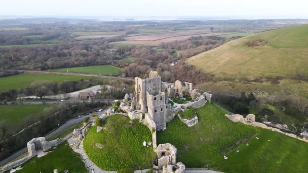 Corfe Castle Ruins Green Hill Dusk England Aerial Drone Orbiting — Stock Video