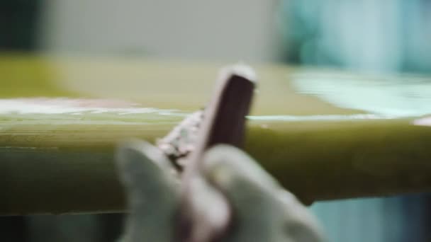 Yellow Paint Applied New Surfboard Extreme Close — Stock Video