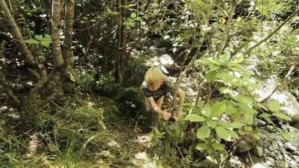 Boy Playing Forest Mount Thomas New Zealand Panning Shot — Wideo stockowe