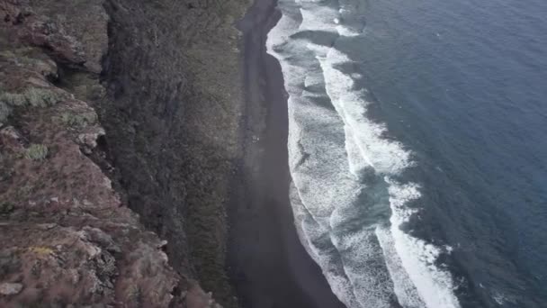 Waves Rolling Black Volcanic Los Nogales Beach Spain Aerial — Video