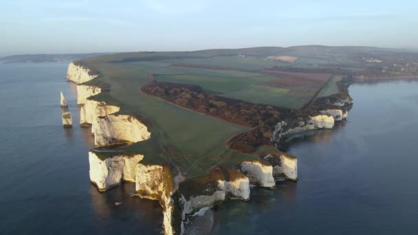 Breathtaking View Old Harry Rocks Cliffs Coastline Dorset England Aerial — ストック動画