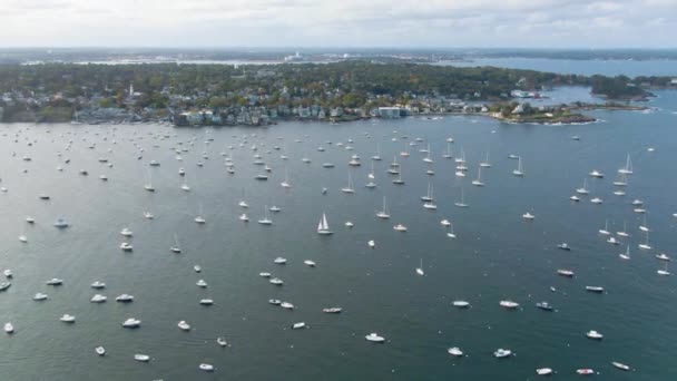 Boats Lined Marblehead Harbor Marblehead Usa Aerial Drone Shot — Stockvideo