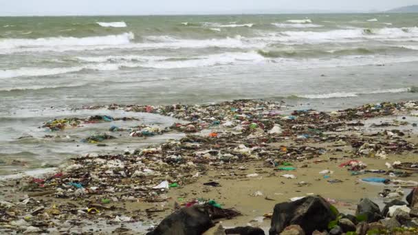 Статичний Вид Брудний Пляж Через Утилізацію Сміття Спричиняє Деградацію Навколишнього — стокове відео