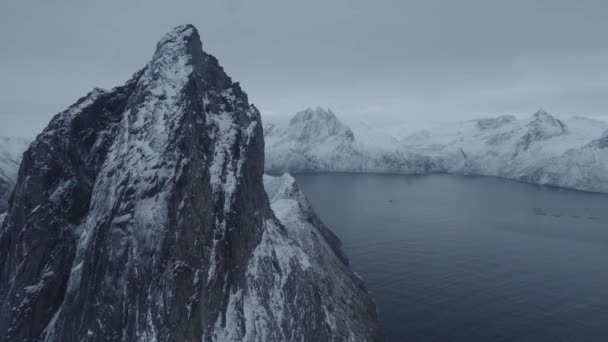 Aerial Drone View Passing Rocky Segla Peak Winter Polar Night — Vídeos de Stock