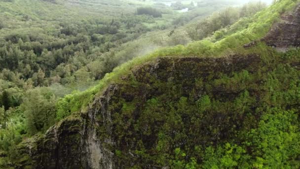 Drone Flying Hikers East Oahu Mountain Ridge Rainy Day Fog — Vídeo de stock