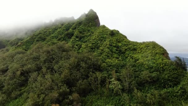 Drone Floating Peak Hawaiian Mountain Oahu Rain Clouds Cover Island — 图库视频影像