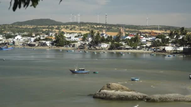 Coastal Scene Moored Boats Wind Turbines Background Gimbal — Vídeo de Stock