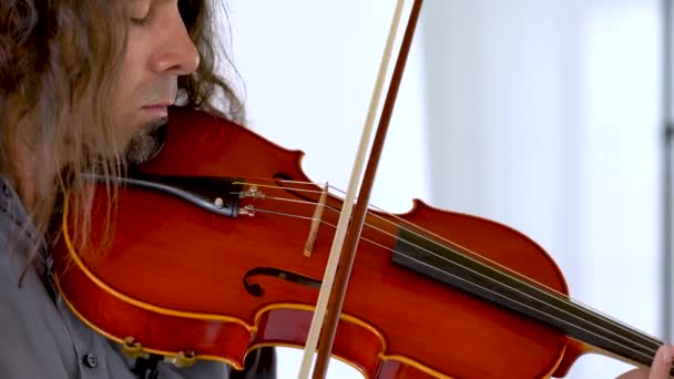 Close Profile Hispanic Male Musician Long Hair Goatee Playing Red — Vídeo de stock