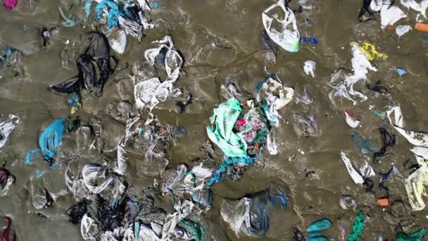 Пластикові Пакети Розкидані Пляжному Піску Повітряні Птахи Оком Піднімаються — стокове відео