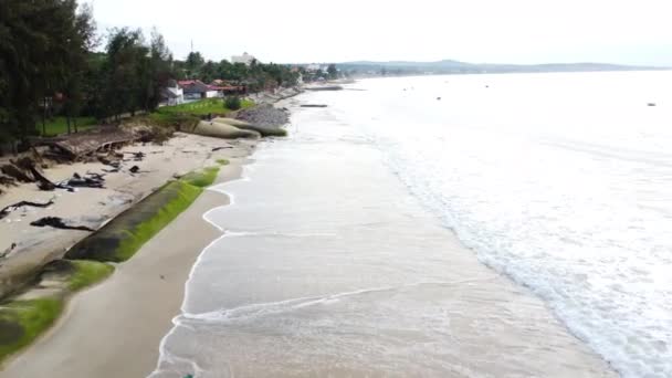 Aerial Polluted Beach Barriers Prevent Flooding Rising Sea Level — Video Stock