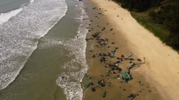 Aerial View Tropical Sandy Beach Vietnam Plastic Fishing Net Washed — Video Stock