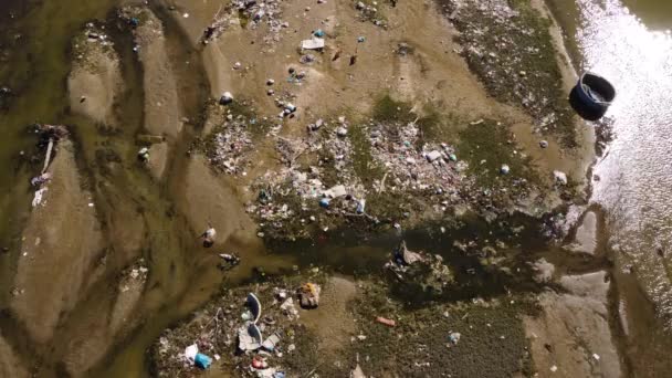 Sandy River Coastline Covered Piles Garbage Aerial Drone View — Video Stock