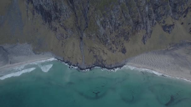 Aerial View Overlooking Kvalvika Vestervika Beaches Lofoten Norway High Angle — Stockvideo