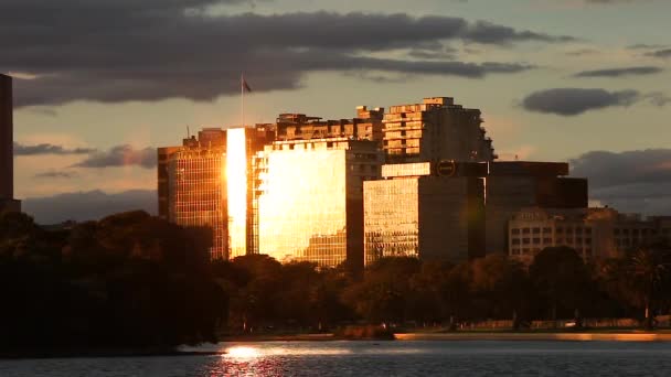 Modern Glass Buildings Reflecting Golden Light Australian Flag Waving Wind — Video