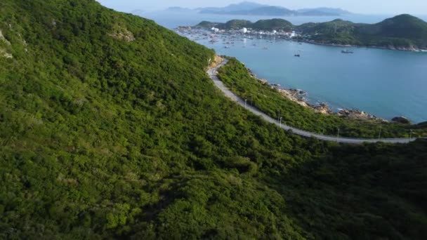 Coastal Landscape Binh Hung Island Road Boats Sea Aerial Forward — Stockvideo