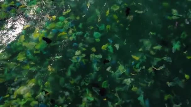 Aerial Static View Large Amount Plastic Bags Flowing Ocean Vietnam — Video