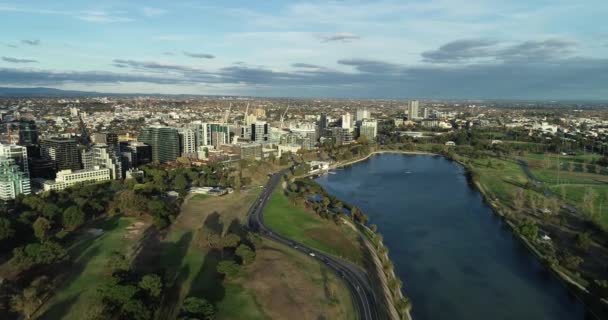Smooth Aerial Perspective Approach Kilda Road Melbourne Australia — Vídeos de Stock