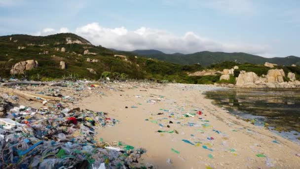 Aerial View Ocean Pollution Asia Drone Reveal Piles Plastic Waste — ストック動画