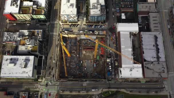 Overhead Aerial Construction Cranes Beginning Downtown Build — Stockvideo