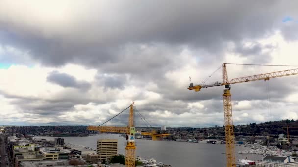 Bird Perspective Construction Cranes Cloudy Bright Day — Stock Video
