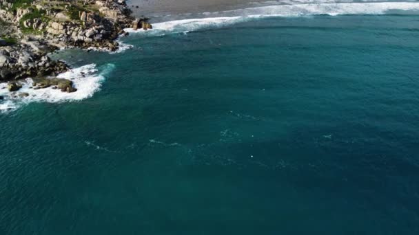 Aerial Trucking Shot Showing Rocky Coastline Beach Sea Beautiful Blue — Stock video